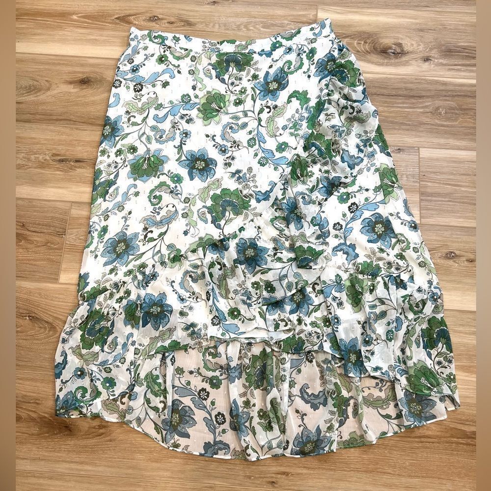 VINCE CAMUTO Evergreen Floral Ruffle High Low Skirt